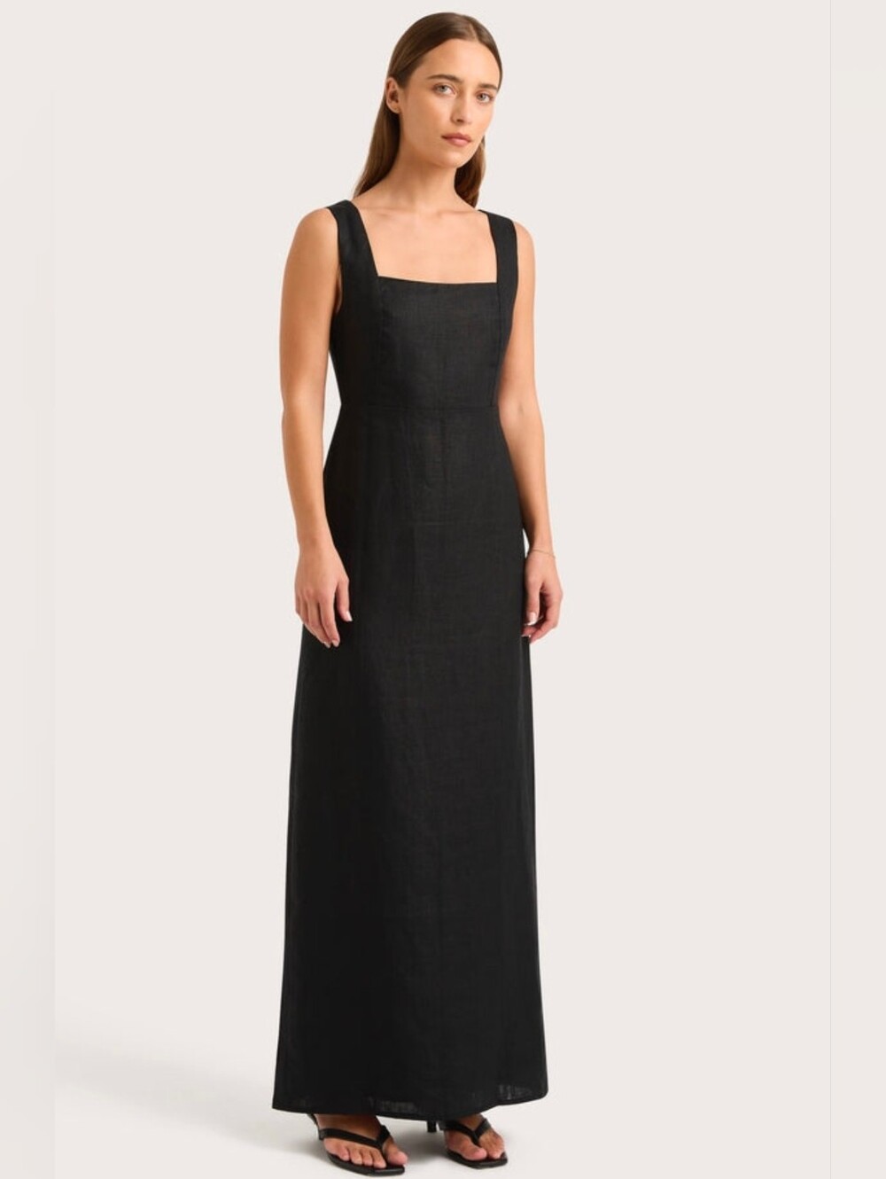 Faithfull the Brand Lais Black 100% Linen Square Neck A Line Midi Dress XS 2